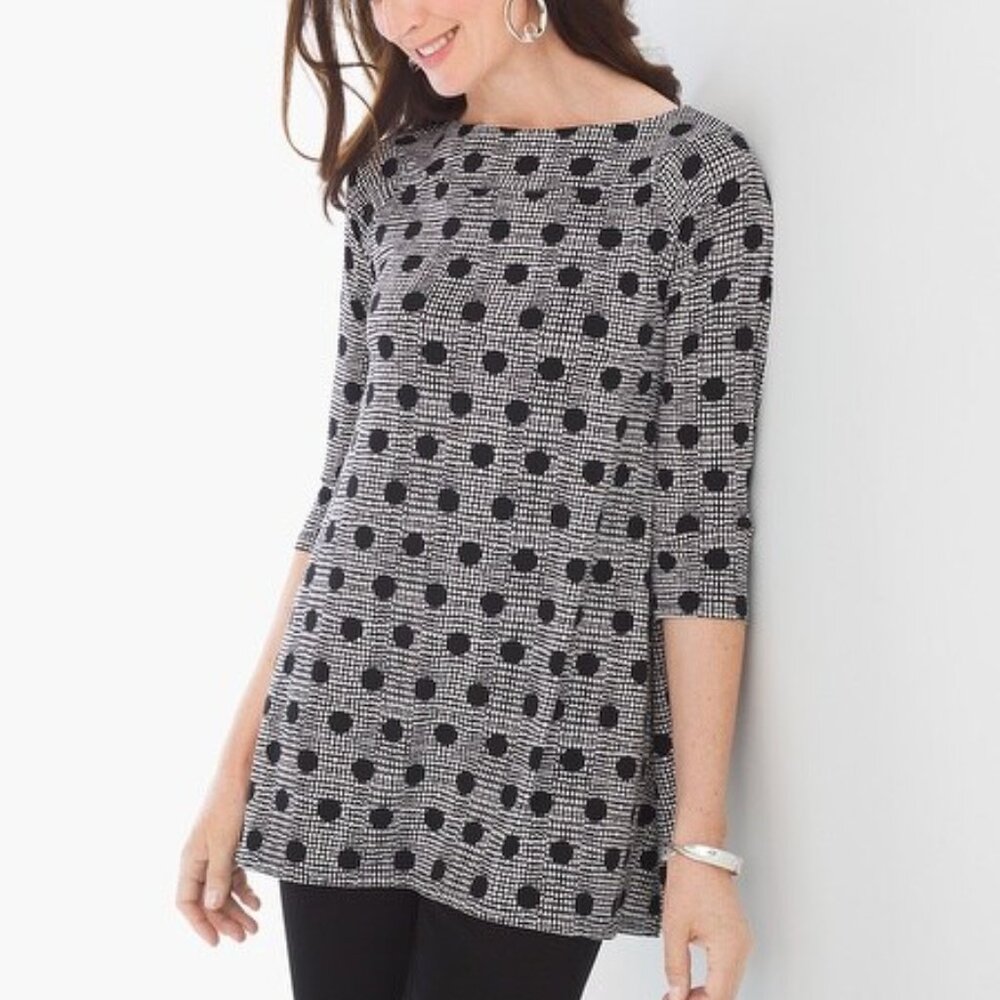 Chico's Tunic Dot-Print Portrait  3/4 Sleeve Black White Pullover Relaxed  XL